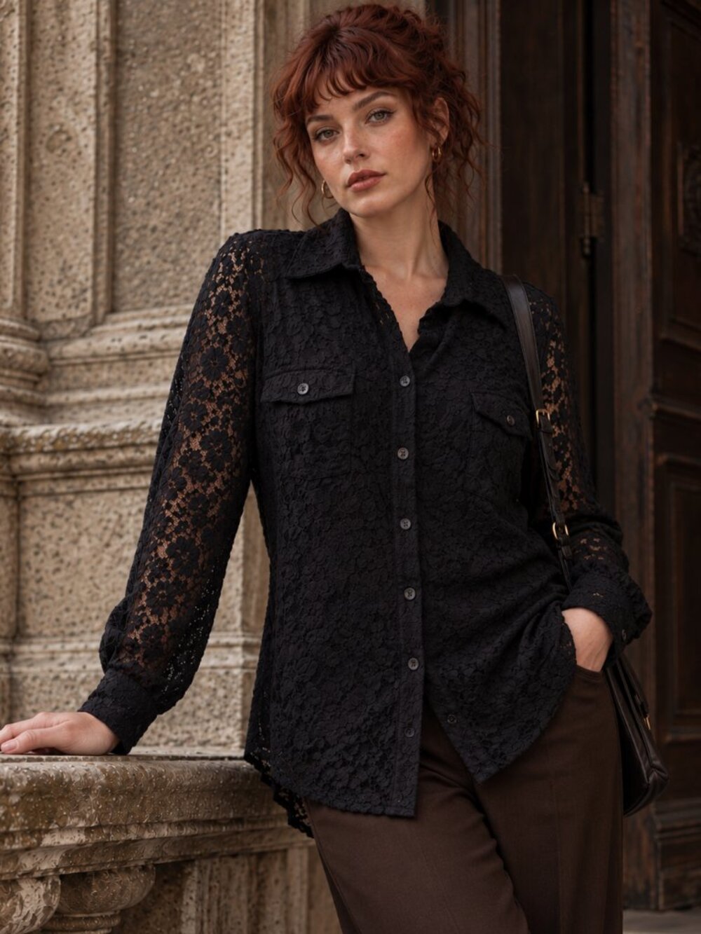 Romantic Goth Black Floral Lace Blouse Notations XL Sheer Long Sleeve Button Up